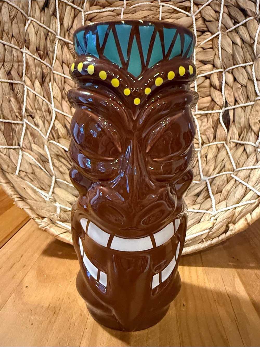 Tiki Style Tall Ceramic Drink/Cocktail Glass/Vase, Brown, 7 1/4” tall